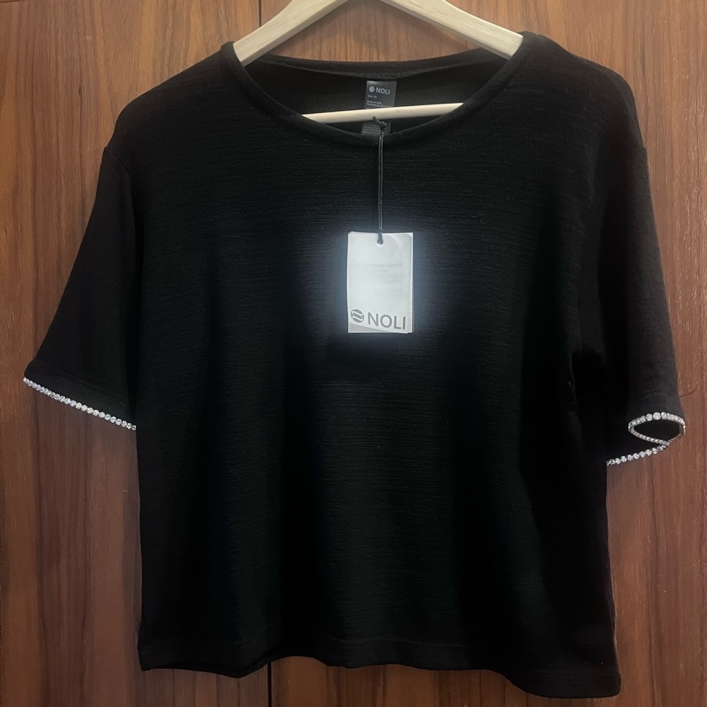 Noli Black Short Sleeve Top with Rhinestone Sleeve Detail